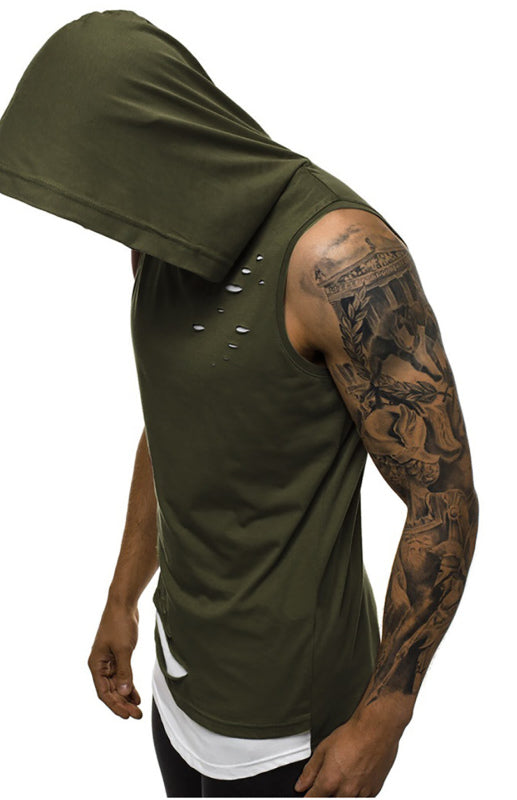 Men's Hooded Vest Double Layer Broken Copper Pullover Sleeveless Vest