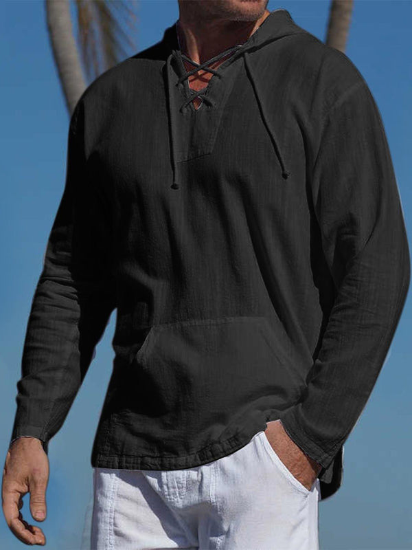 Men's Solid Color Adjustable Cross Straps Neck-line Hooded Knit Top