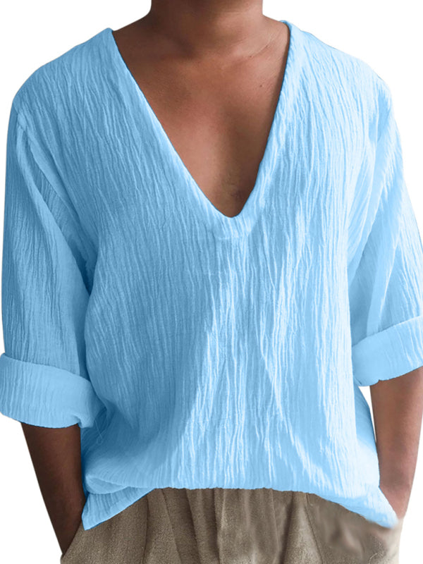 Men's New Long Sleeve Solid Color V Neck Washed Water Cotton T-Shirt