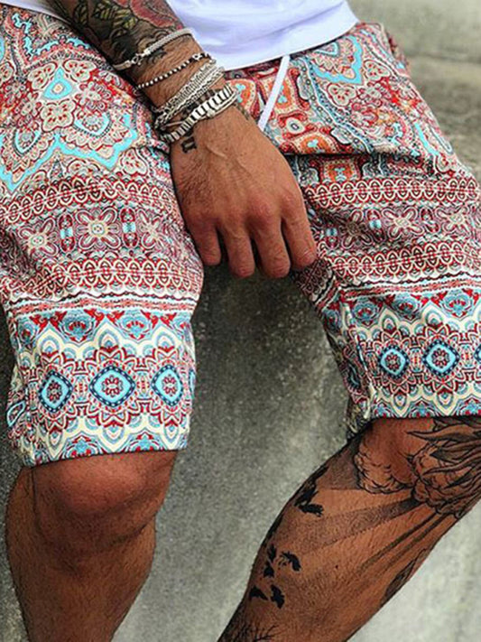 New Men Fashion Casual Vacation Ethnic Tribal Print Lace Up Shorts